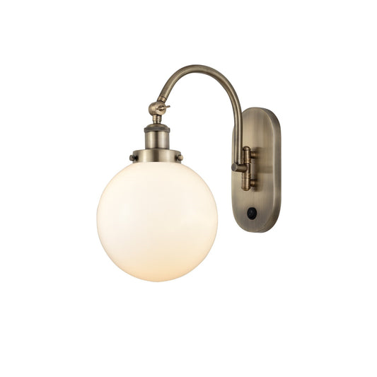 Innovations Beacon 8in 1-Light Swing Arm Lamp | Industrial Antique Brass Steel and Matte White Frosted Glass | Bedroom | Model 918-1W-AB-G201-8-LED