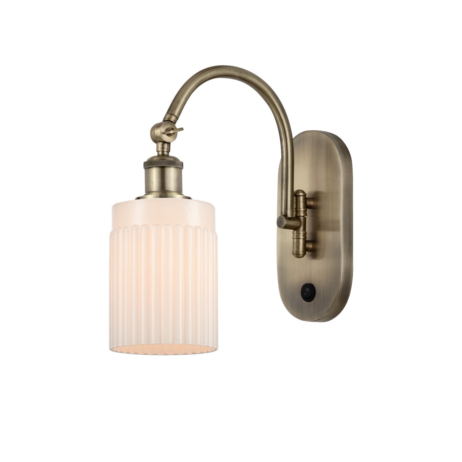Innovations Hadley 1-Light Wall Sconce | Industrial Antique Brass Steel and Matte White Ribbed Glass | Bedroom & Hallway Accent | Model 918-1W-AB-G341
