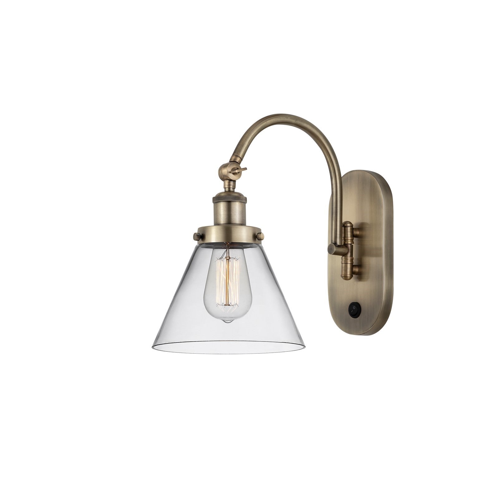 Innovations Cone 8in 1-Light Swing Arm Wall Sconce | Industrial Antique Brass Steel and Clear Glass | Bedroom & Hallway Reading | Model 918-1W-AB-G42-LED