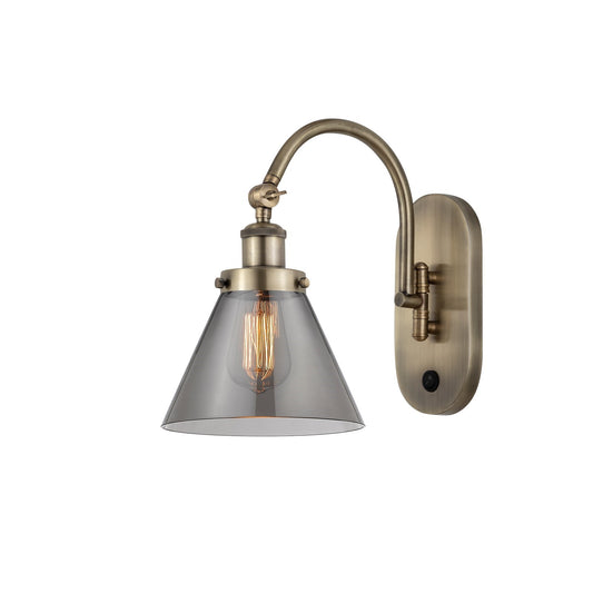 Innovations Cone 8in 1-Light Swing Arm Wall Sconce | Industrial Antique Brass Steel and Light Smoke Glass | Bedroom & Hallway | Model 918-1W-AB-G43