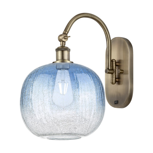 Innovations Brookhaven Sphere 10.5in 1-Light Wall Sconce | Industrial Antique Brass and Sapphire Blue Glass | Bathroom & | Model 918-1W-AB-G481-10SB