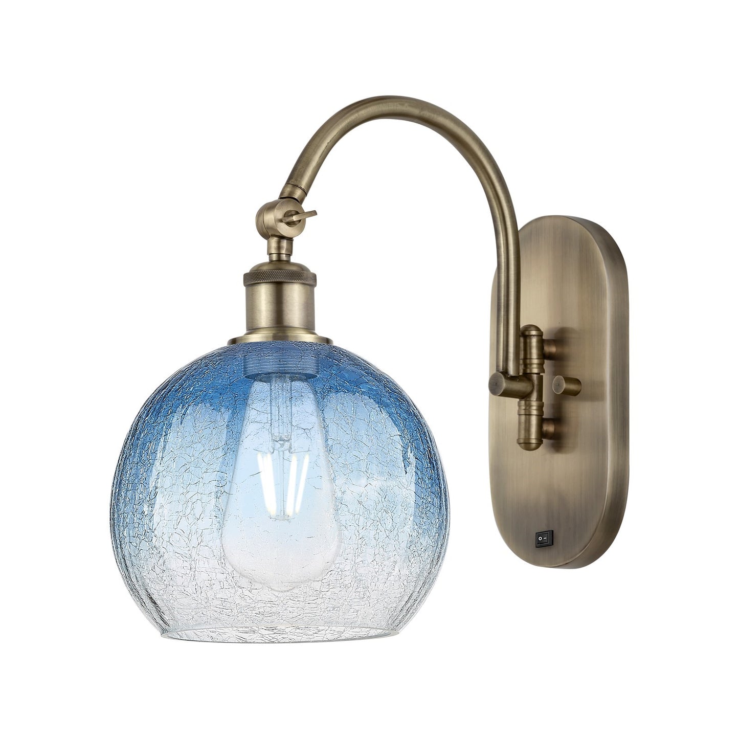 Innovations Brookhaven Globe 8in 1-Light Wall Sconce | Industrial Antique Brass Steel and Sapphire Blue Glass | Bedroom & | Model 918-1W-AB-G483-8SB