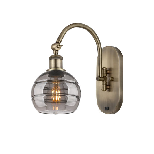 Innovations Rochester 6in 1-Light Wall Sconce | Industrial Antique Brass and Light Smoke Glass | Bedroom & Hallway Accent | Model 918-1W-AB-G556-6SM