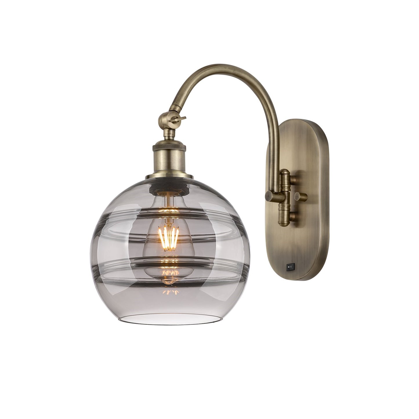 Innovations Rochester 8in 1-Light Wall Sconce | Industrial Modern Antique Brass Steel and Light Smoke Glass Shade | Living Room | Model 918-1W-AB-G556-8SM