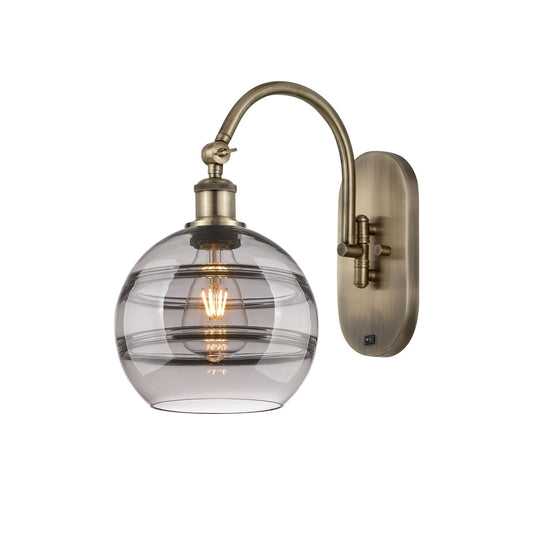 Innovations Rochester 8in 1-Light Wall Sconce | Industrial Modern Antique Brass Steel and Light Smoke Glass Shade | Living Room | Model 918-1W-AB-G556-8SM