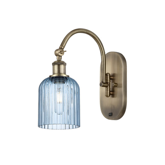 Innovations Bridal Veil 5in 1-Light Wall Sconce | Industrial Antique Brass and Princess Blue Ribbed Glass | Bedroom & Hallway | Model 918-1W-AB-G559-5BL
