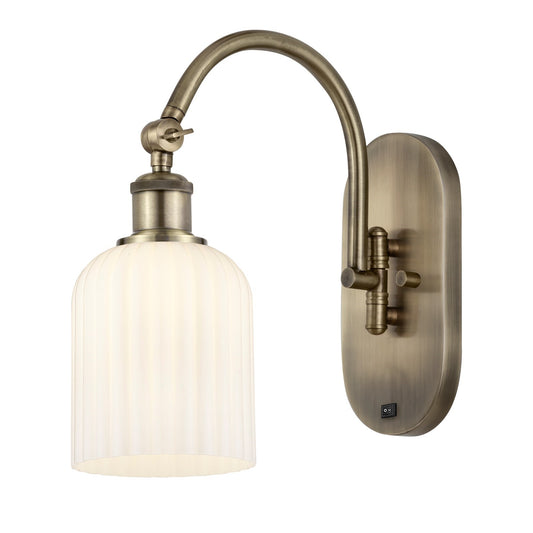 Innovations Bridal Veil 5in 1-Light Wall Sconce | Industrial Antique Brass and Gloss White Ribbed Glass | Bedroom & Hallway | Model 918-1W-AB-G559-5GWH