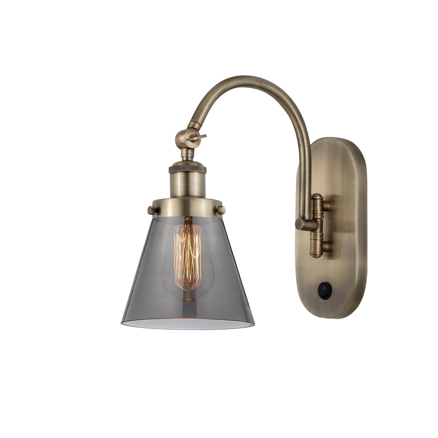 Innovations Cone 6.25in 1-Light Swing Arm Sconce | Industrial Antique Brass and Light Smoke Glass | Bedroom & Hallway Accent | Model 918-1W-AB-G63-LED