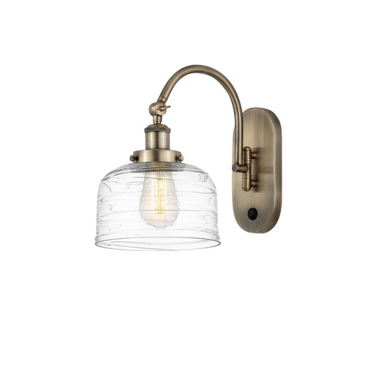Innovations Bell 8in 1-Light Swing Arm Wall Sconce | Industrial Antique Brass Steel and Clear Deco Swirl Glass | Bedroom & Living | Model 918-1W-AB-G713