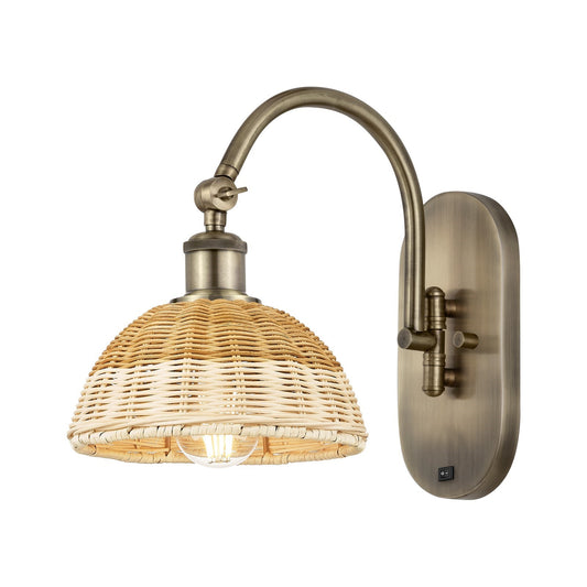 Innovations Bristol Natural II 7.5in 1-Light Wall Sconce | Industrial Antique Brass Steel and Natural Fiber Dome Shade | Model 918-1W-AB-NBD2-75-NAT