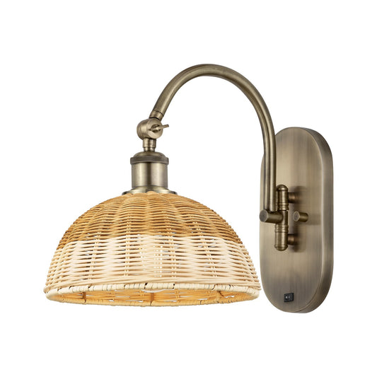 Innovations Bristol Natural II 9in 1-Light Wall Sconce | Industrial Antique Brass Steel and Natural Fiber Dome Shade | Model 918-1W-AB-NBD2-9-NAT