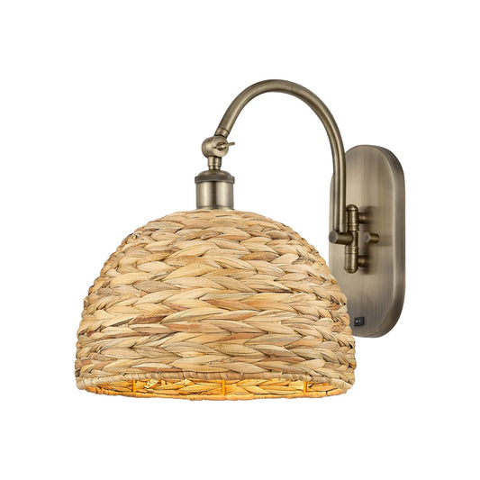Innovations Woven Rattan 12in 1-Light Wall Sconce | Industrial Antique Brass and Natural Fiber Dome Shade | Bedroom & Hallway | Model 918-1W-AB-RBD-12-NAT