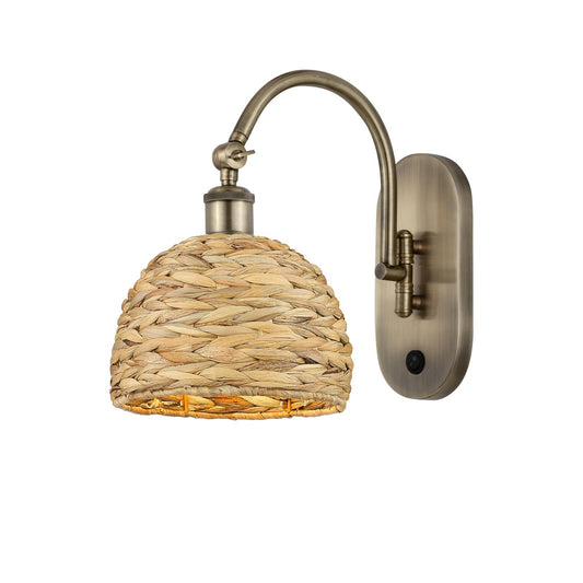 Innovations Woven Rattan 8in 1-Light Wall Sconce | Industrial Antique Brass and Natural Fiber Dome Shade | Bedroom & Hallway | Model 918-1W-AB-RBD-8-NAT