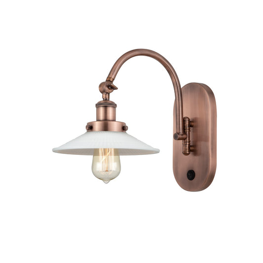 Innovations Halophane 1-Light 9in Swing Arm Wall Sconce | Industrial Antique Copper Steel and Matte White Frosted Glass | Bedroom | Model 918-1W-AC-G1-LED