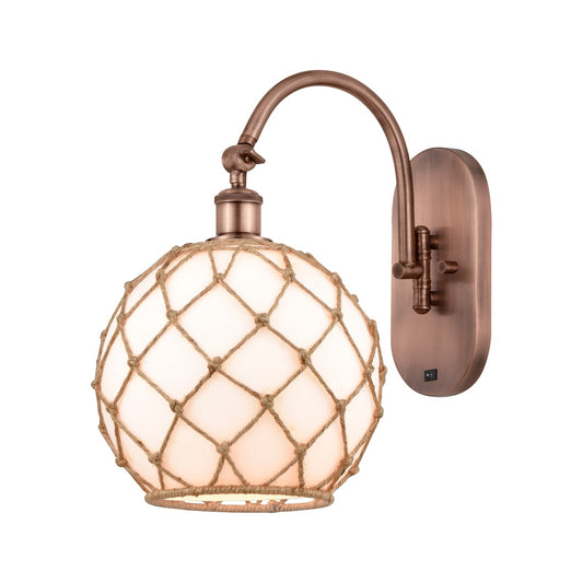 Innovations Farmhouse Rope 10in 1-Light Wall Sconce | Industrial Antique Copper Steel and Matte White Glass with Brown Rope | Model 918-1W-AC-G121-10RB