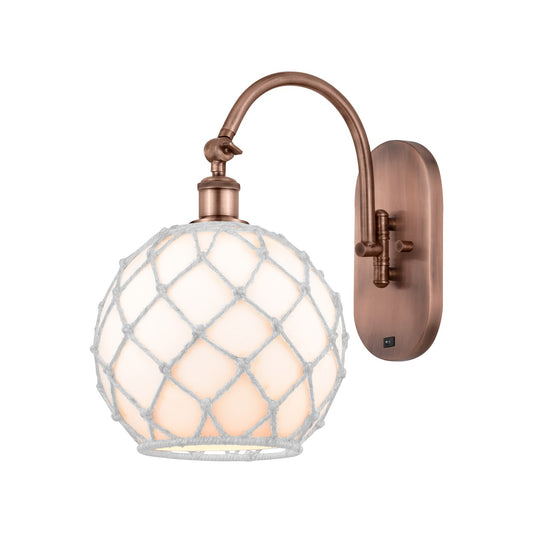 Innovations Farmhouse Rope 10in 1-Light Wall Sconce | Industrial Antique Copper Steel and White Glass with White Rope | Model 918-1W-AC-G121-10RW