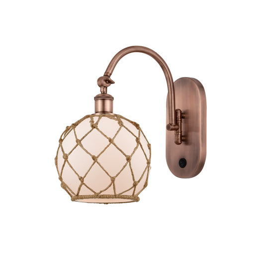 Innovations Lighting Farmhouse Rope 8in 1-Light Wall Sconce | Industrial Antique Copper and White Glass with Brown Rope | Model 918-1W-AC-G121-8RB