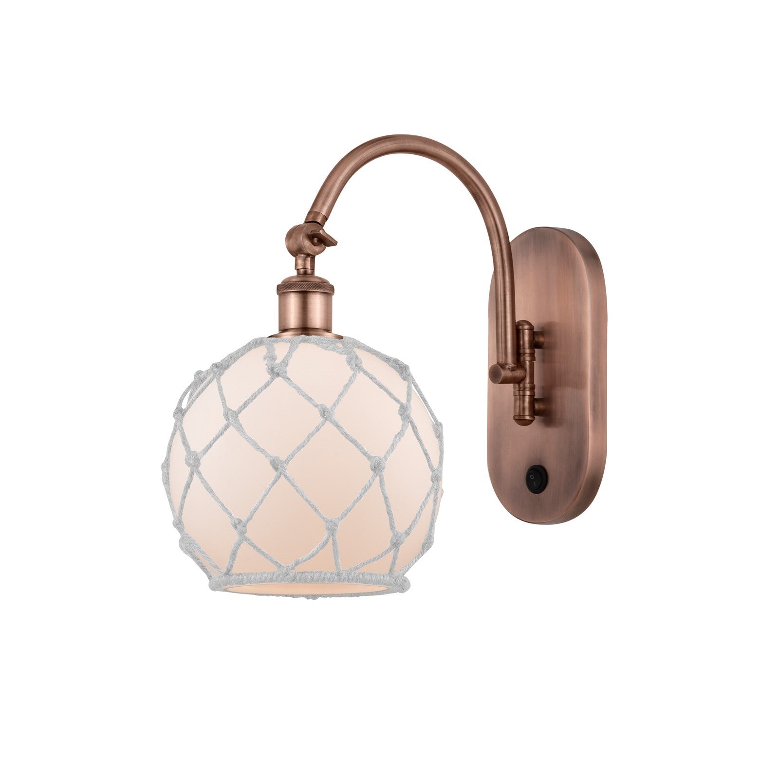 Innovations Lighting Farmhouse Rope 8in 1-Light Wall Sconce | Industrial Antique Copper and White Glass with White Rope | Model 918-1W-AC-G121-8RW