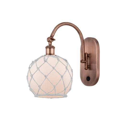Innovations Lighting Farmhouse Rope 8in 1-Light Wall Sconce | Industrial Antique Copper and White Glass with White Rope | Model 918-1W-AC-G121-8RW