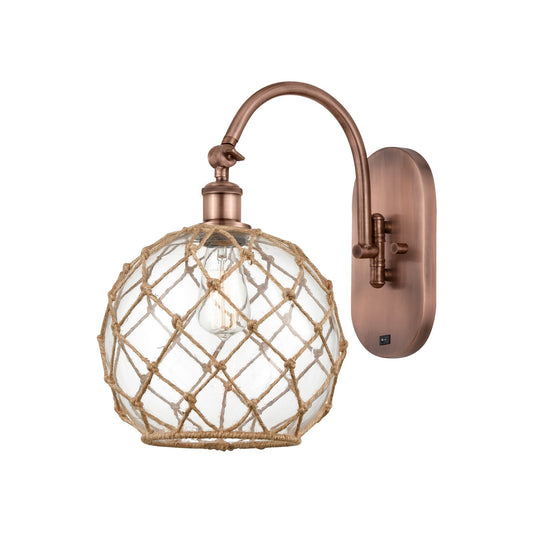 Innovations Farmhouse Rope 10in 1-Light Wall Sconce | Industrial Antique Copper Steel and Clear Glass with Brown Rope | Model 918-1W-AC-G122-10RB
