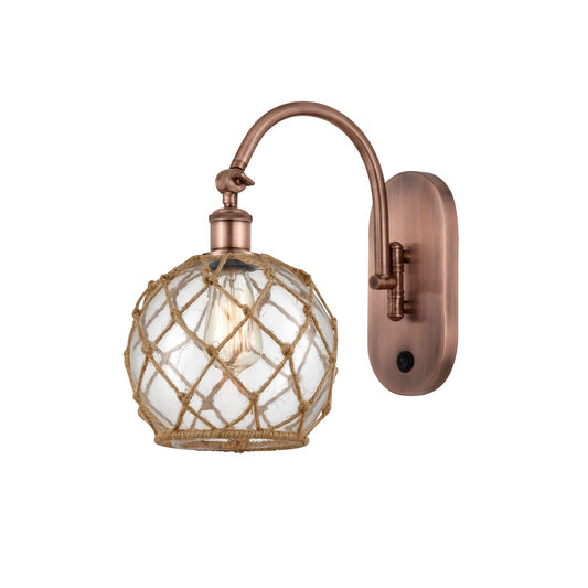Innovations Farmhouse Rope 8in 1-Light Wall Sconce | Industrial Antique Copper Steel and Clear Glass with Brown Rope | Hallway | Model 918-1W-AC-G122-8RB