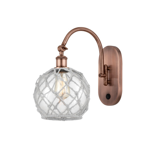 Innovations Farmhouse Rope 8in 1-Light Wall Sconce | Industrial Antique Copper Steel and Clear Glass with White Rope | Hallway | Model 918-1W-AC-G122-8RW