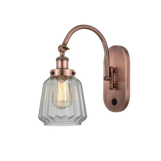 Innovations Chatham 7in 1-Light Swing Arm Lamp | Art Deco Industrial Antique Copper and Clear Ribbed Glass | Bedroom Reading & | Model 918-1W-AC-G142
