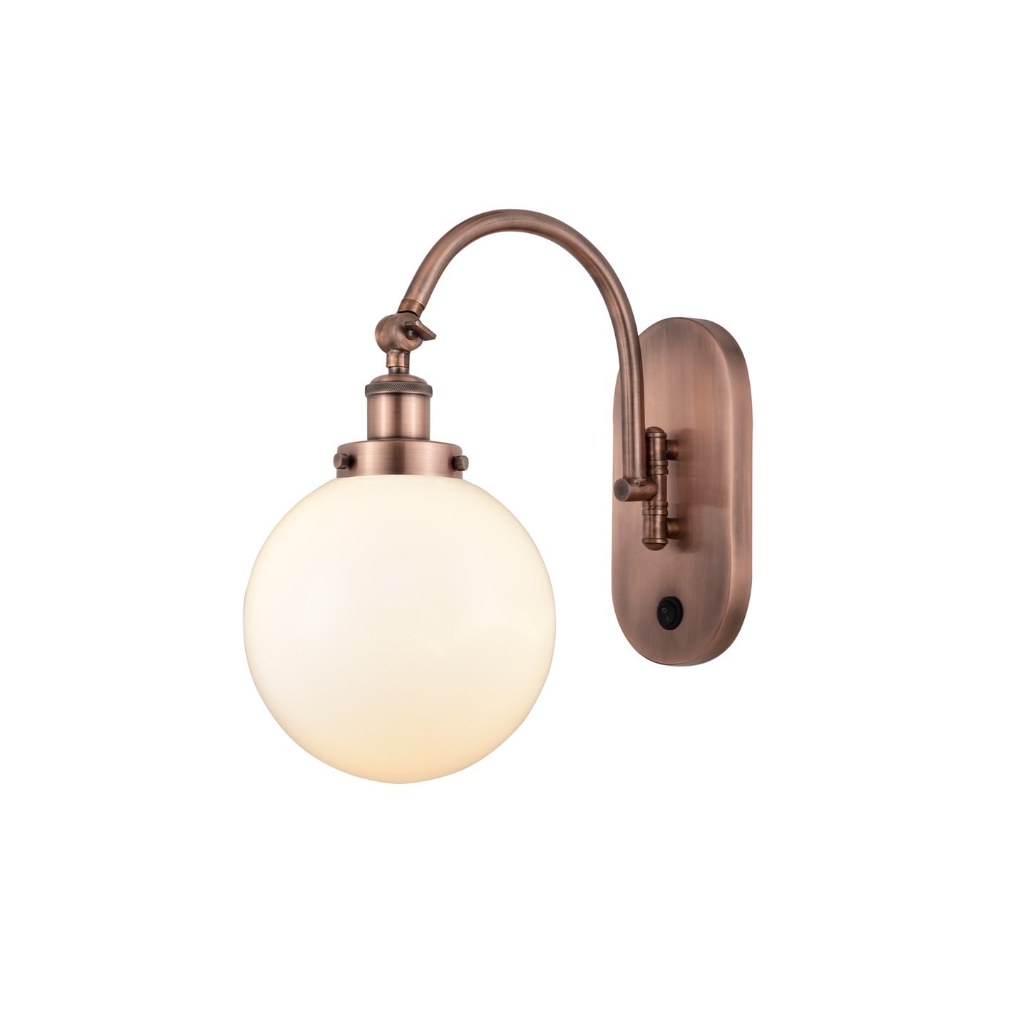 Innovations Beacon 8in 1-Light Swing Arm Lamp | Industrial Antique Copper Steel and Matte White Frosted Glass | Bedroom & Living | Model 918-1W-AC-G201-8