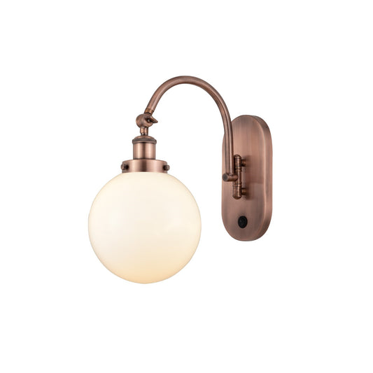 Innovations Beacon 8in 1-Light Swing Arm Lamp | Industrial Antique Copper Steel and Matte White Frosted Glass | Bedroom & Living | Model 918-1W-AC-G201-8