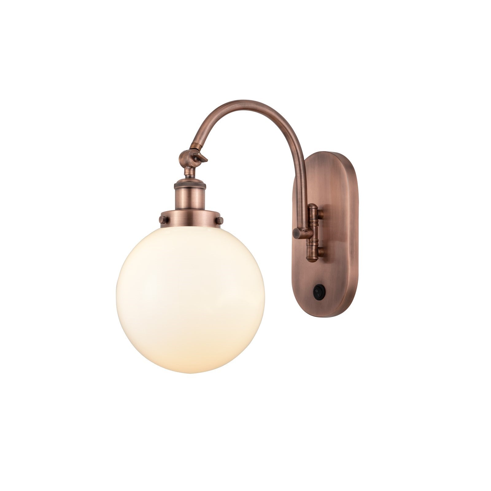 Innovations Beacon 8in 1-Light Swing Arm Lamp | Industrial Antique Copper Steel and Matte White Frosted Glass | Bedroom & | Model 918-1W-AC-G201-8-LED