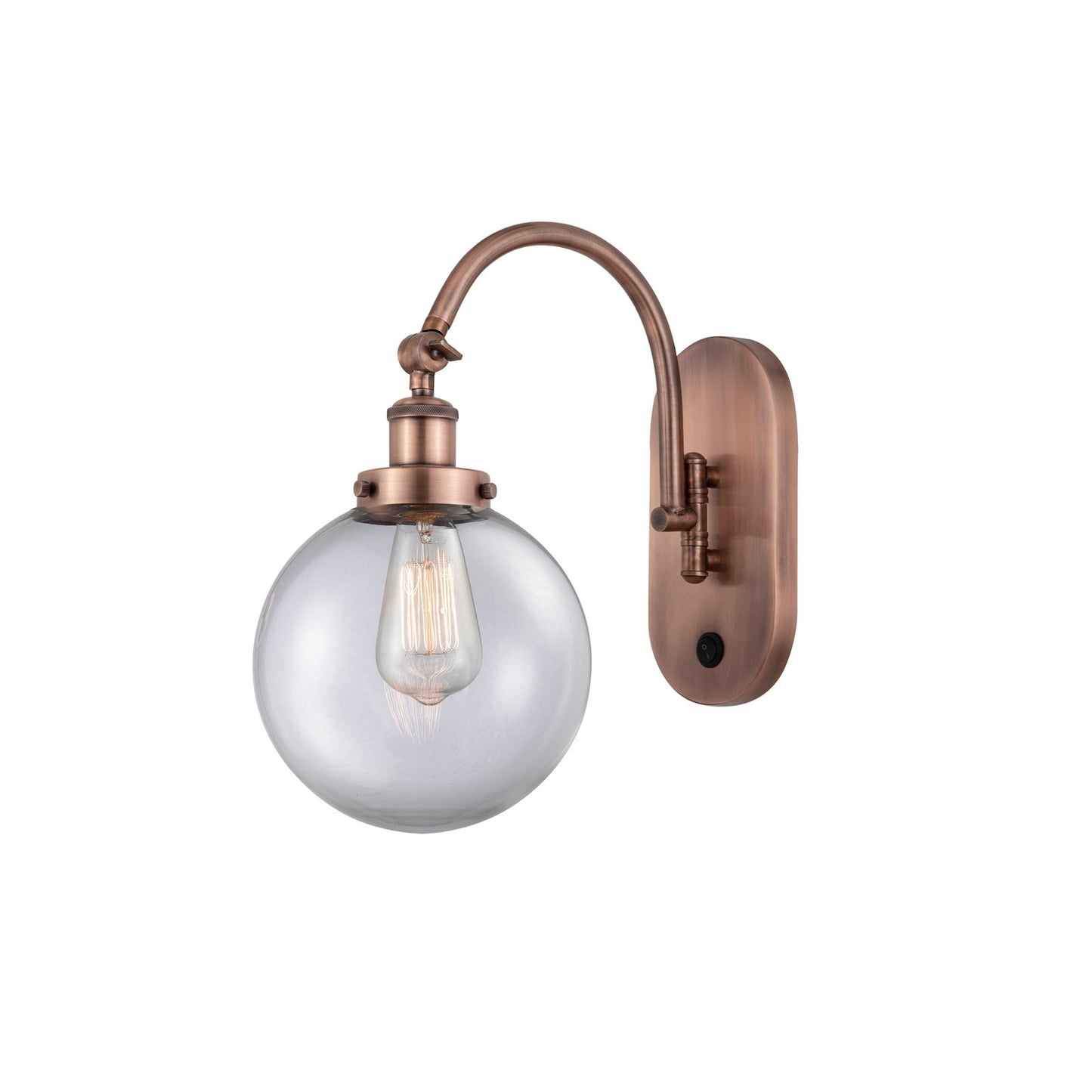 Innovations Beacon 8in 1-Light Swing Arm Lamp | Industrial Antique Copper Steel and Clear Glass | Bedroom & Living Room | Model 918-1W-AC-G202-8-LED