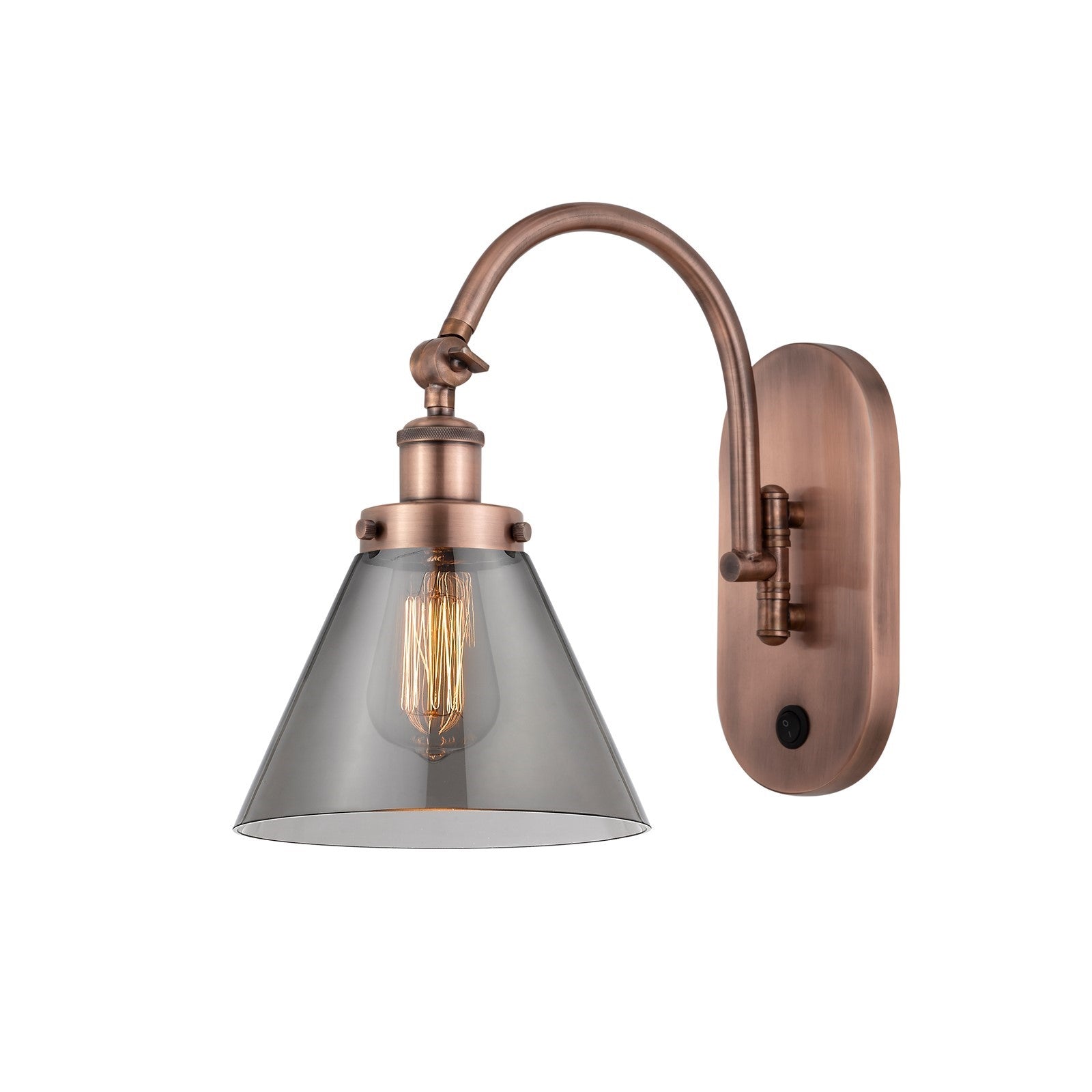 Innovations Cone 8in 1-Light Swing Arm Lamp | Industrial Antique Copper Steel and Light Smoke Glass | Bedroom & Living Room Reading | Model 918-1W-AC-G43