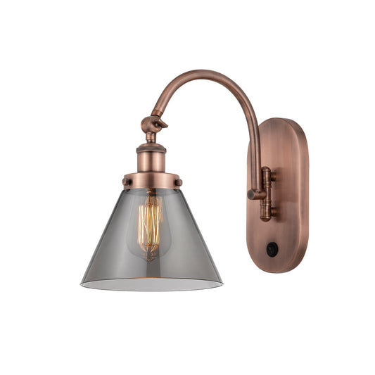 Innovations Cone 8in 1-Light Swing Arm Lamp | Industrial Antique Copper Steel and Light Smoke Glass | Bedroom & Living Room Reading | Model 918-1W-AC-G43