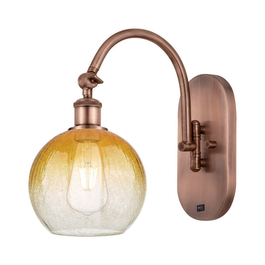 Innovations Brookhaven Globe 7.88in 1-Light Wall Sconce | Industrial Antique Copper and Amber Glass | Hallway & Bathroom Accent | Model 918-1W-AC-G483-8AM