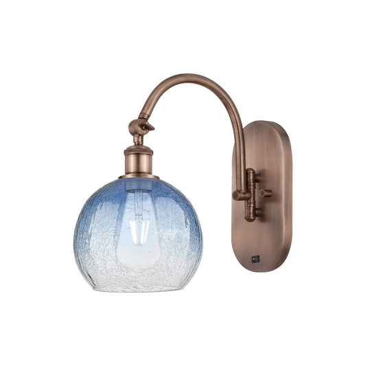 Innovations Brookhaven Globe 8in 1-Light Wall Sconce | Industrial Antique Copper and Sapphire Blue Glass | Hallway & Bedroom | Model 918-1W-AC-G483-8SB