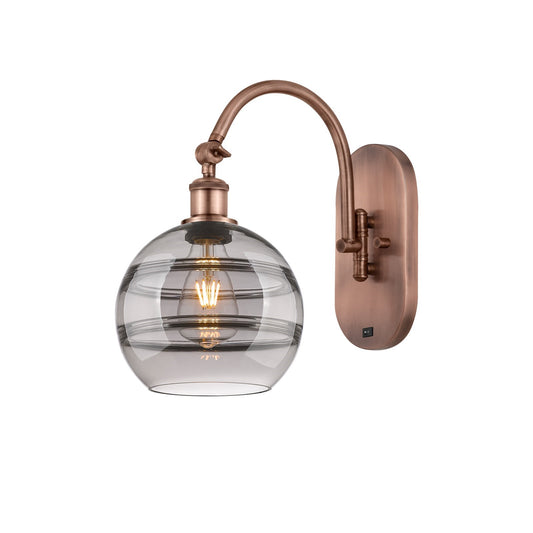 Innovations Rochester 8in 1-Light Wall Sconce | Industrial Antique Copper Steel and Light Smoke Glass | Hallway & Bathroom | Model 918-1W-AC-G556-8SM