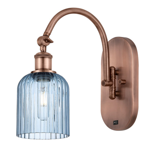 Innovations Bridal Veil 5in 1-Light Wall Sconce | Industrial Antique Copper Steel and Princess Blue Ribbed Glass | Bathroom & | Model 918-1W-AC-G559-5BL