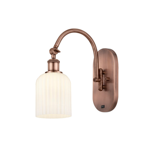 Innovations Bridal Veil 5in 1-Light Wall Sconce | Industrial Antique Copper Steel and Gloss White Ribbed Glass | Bathroom & | Model 918-1W-AC-G559-5GWH