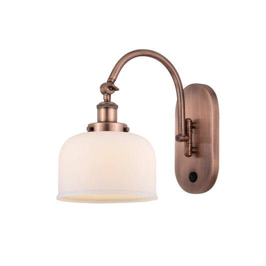 Innovations Bell 8in 1-Light Swing Arm Lamp | Industrial Antique Copper Steel and Matte White Frosted Glass | Bedroom & Living | Model 918-1W-AC-G71-LED