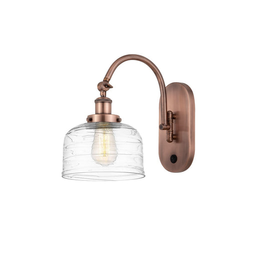 Innovations Bell 1-Light Swing Arm Wall Sconce | Industrial Antique Copper Steel and Clear Deco Swirl Glass | Bedroom & Living Room | Model 918-1W-AC-G713