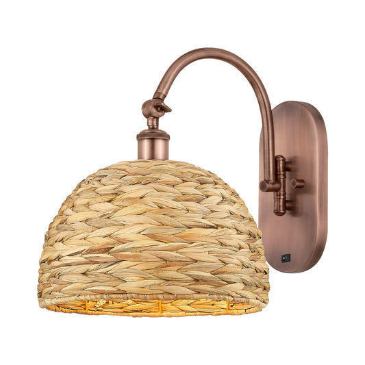 Innovations Lighting Woven Rattan 12in 1-Light Wall Sconce | Industrial Antique Copper Steel and Natural Fiber Dome Shade | Model 918-1W-AC-RBD-12-NAT