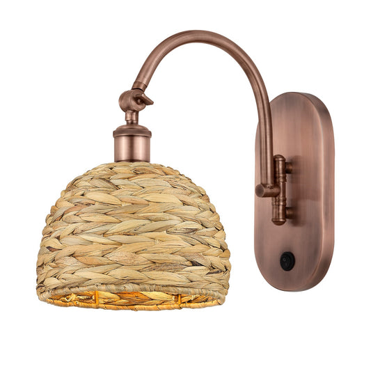 Innovations Woven Rattan 8in 1-Light Wall Sconce | Industrial Antique Copper and Natural Fiber Dome Shade | Kitchen & Hallway | Model 918-1W-AC-RBD-8-NAT