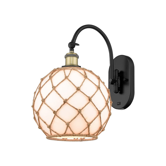 Innovations Farmhouse Rope 10in 1-Light Wall Sconce | Industrial Black Antique Brass and Matte White Glass with Brown Rope | Model 918-1W-BAB-G121-10RB