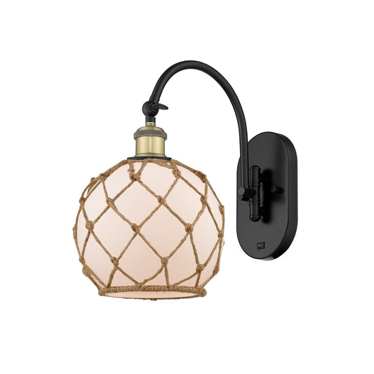 Innovations Farmhouse Rope 8in 1-Light Wall Sconce | Industrial Black Antique Brass and White Glass with Brown Rope | Hallway | Model 918-1W-BAB-G121-8RB
