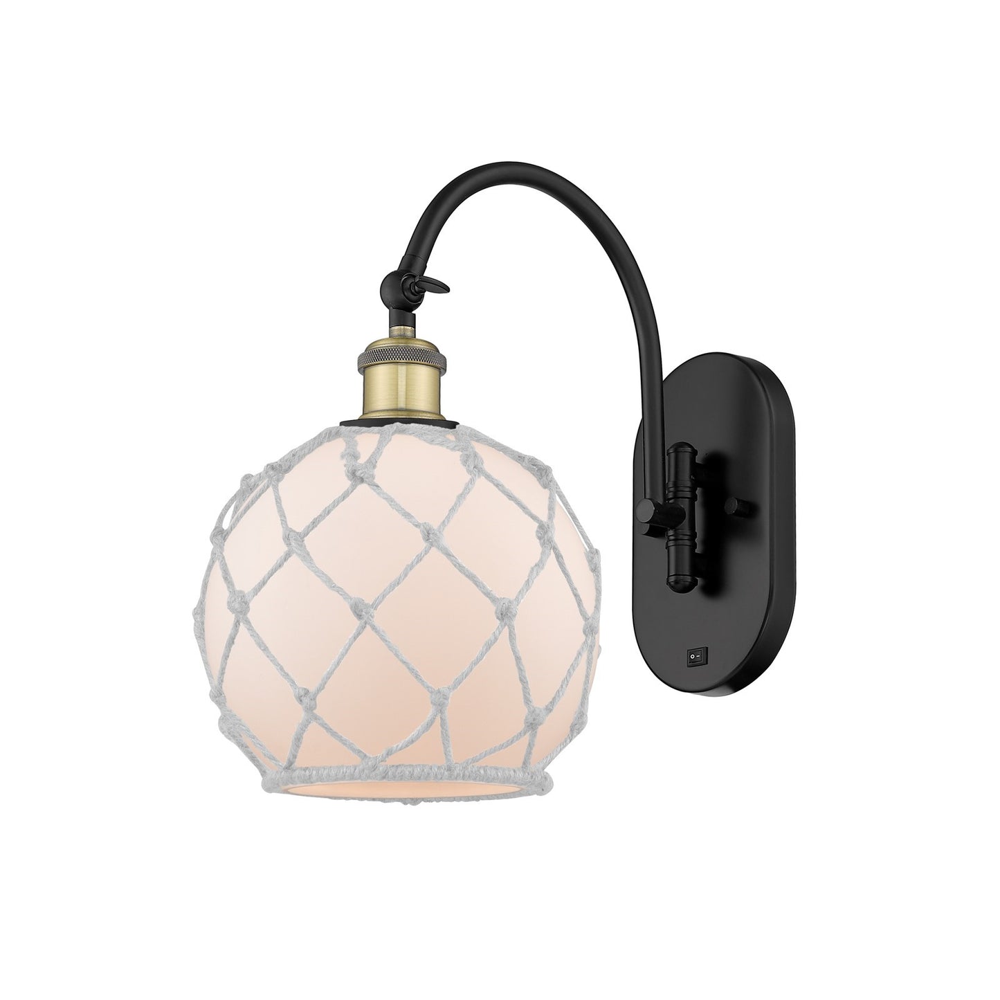 Innovations Farmhouse Rope 8in 1-Light Wall Sconce | Industrial Black Antique Brass and White Glass with White Rope | Hallway | Model 918-1W-BAB-G121-8RW
