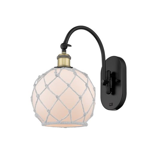 Innovations Farmhouse Rope 8in 1-Light Wall Sconce | Industrial Black Antique Brass and White Glass with White Rope | Hallway | Model 918-1W-BAB-G121-8RW