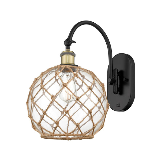 Innovations Farmhouse Rope 10in 1-Light Wall Sconce | Industrial Black Antique Brass Steel and Clear Glass with Brown Rope | Model 918-1W-BAB-G122-10RB
