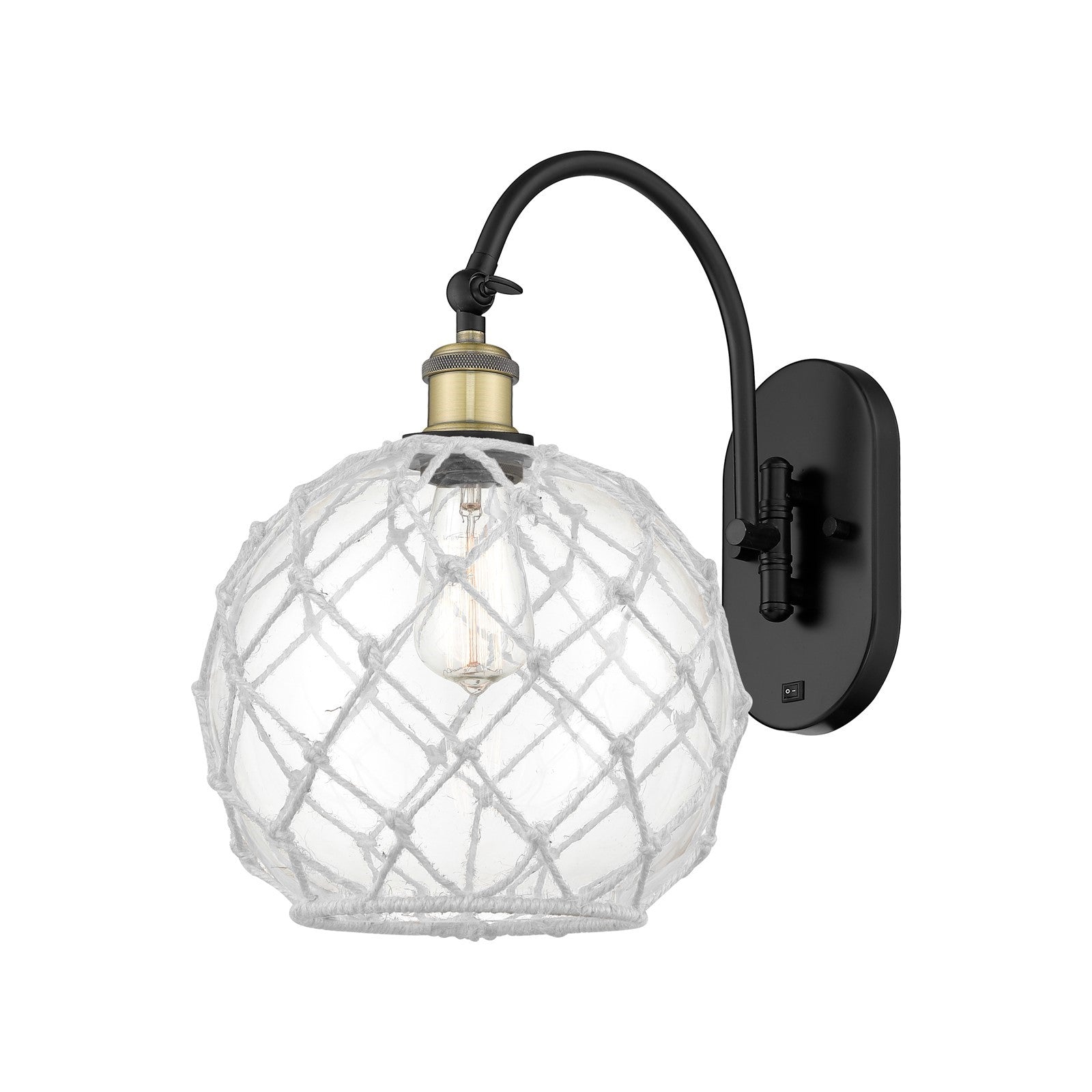 Innovations Farmhouse Rope 10in 1-Light Wall Sconce | Industrial Black Antique Brass Steel and Clear Glass with White Rope | Model 918-1W-BAB-G122-10RW