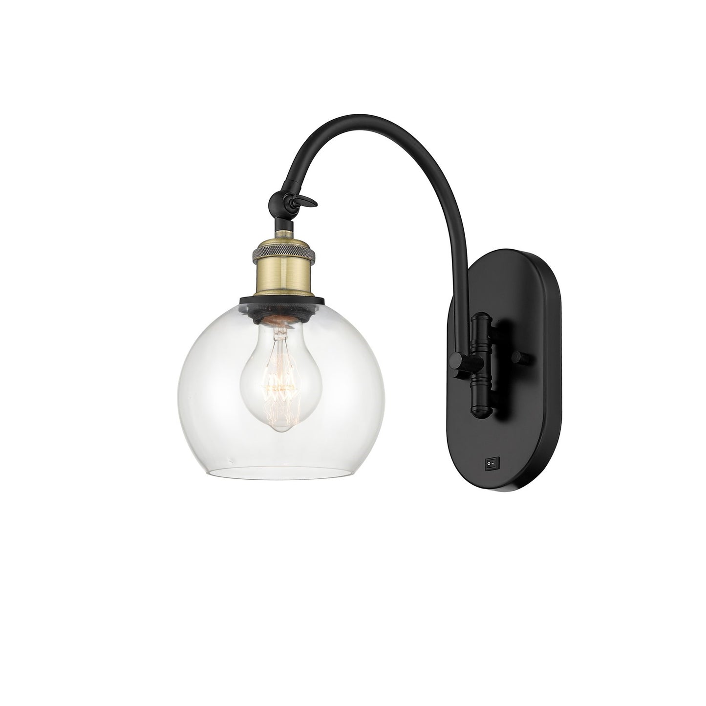 Innovations Athens 6in 1-Light Wall Sconce | Industrial Black Antique Brass Steel and Clear Glass Globe | Hallway & Bathroom | Model 918-1W-BAB-G122-6