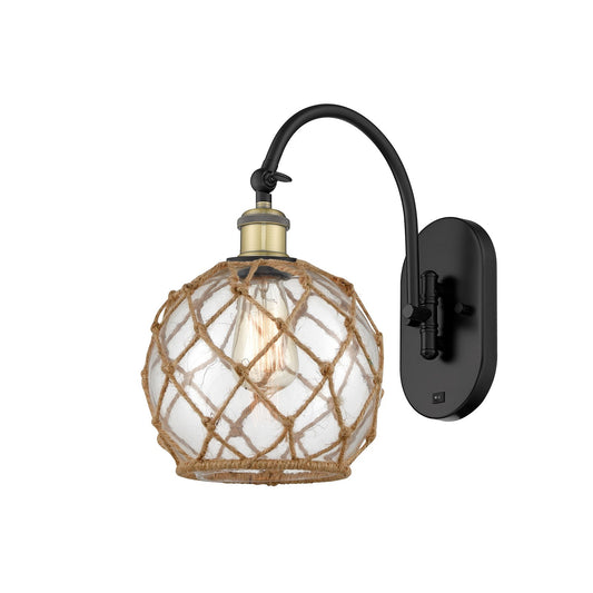 Innovations Farmhouse Rope 8in 1-Light Wall Sconce | Industrial Black Antique Brass and Clear Glass with Brown Rope | Hallway | Model 918-1W-BAB-G122-8RB